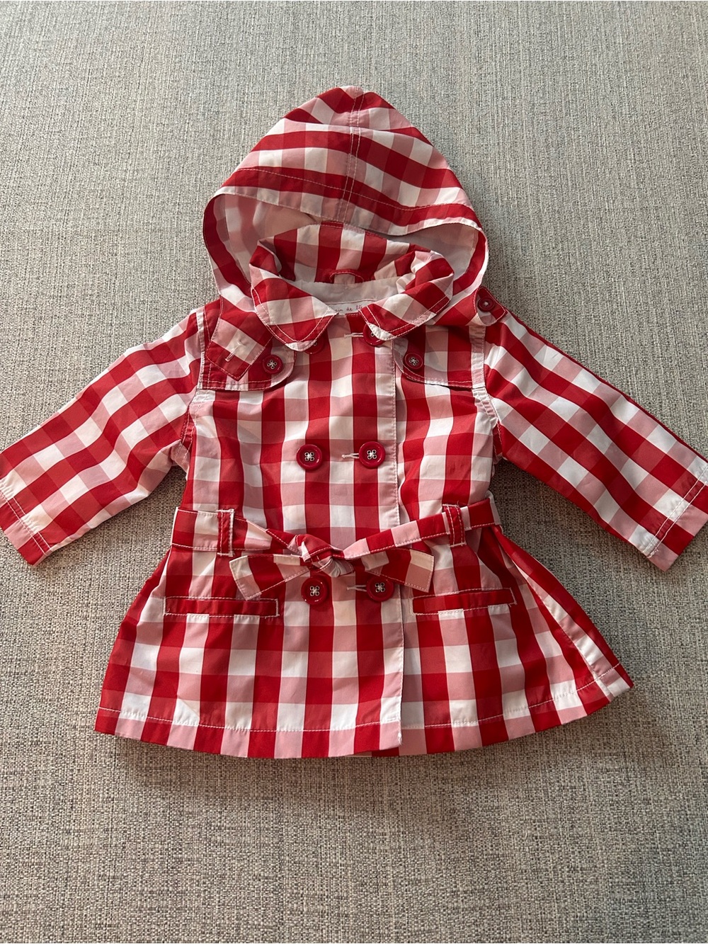 Red & White Gingham Removable Hood Double-Breasted Trench Coat   Size 18M